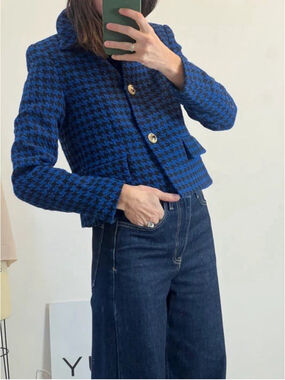 Zara Cropped Houndstooth Blazer Jacket Blue Black Gold Button Preppy Size S